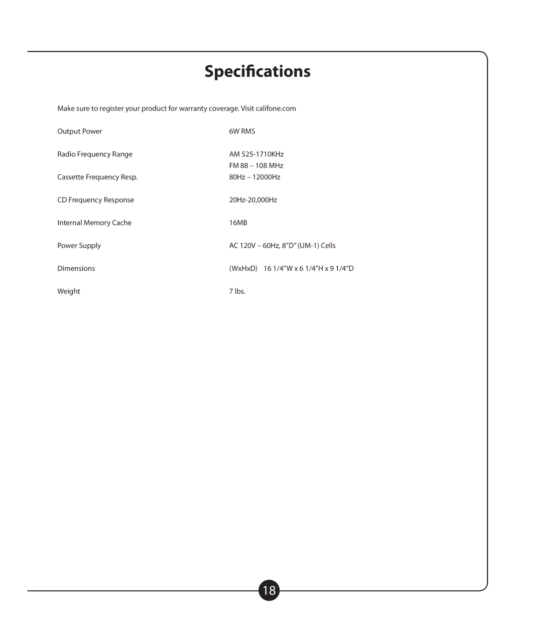 Califone 2385-03 owner manual Specifications, 6W RMS 