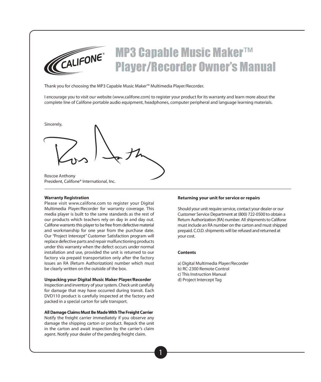 Califone 2385-03 owner manual Warranty Registration, Returning your unit for service or repairs, Contents 