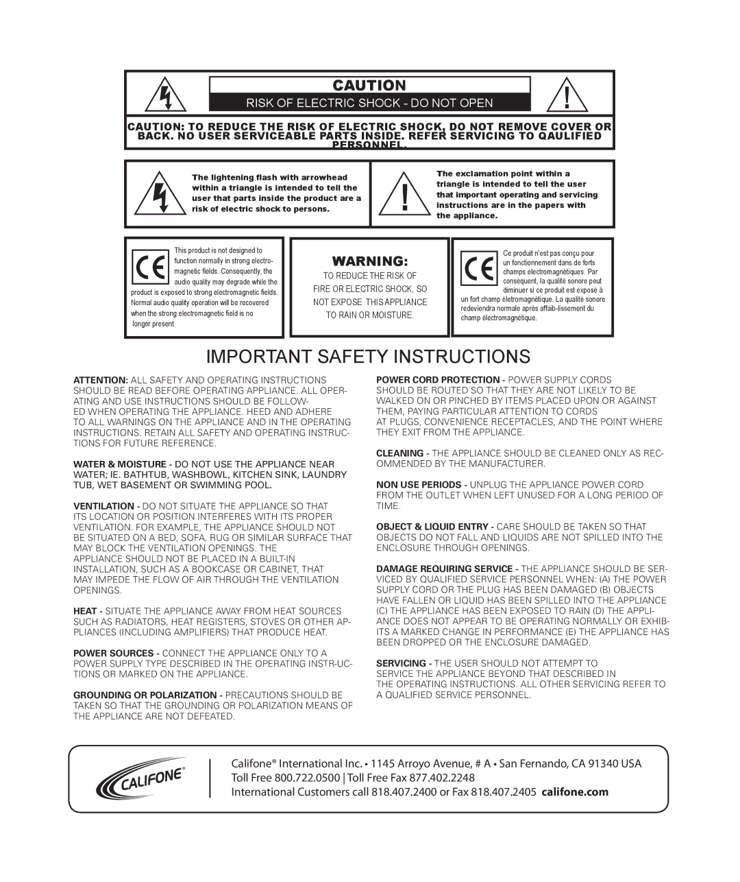 Califone 2385-03 owner manual Important Safety Instructions 