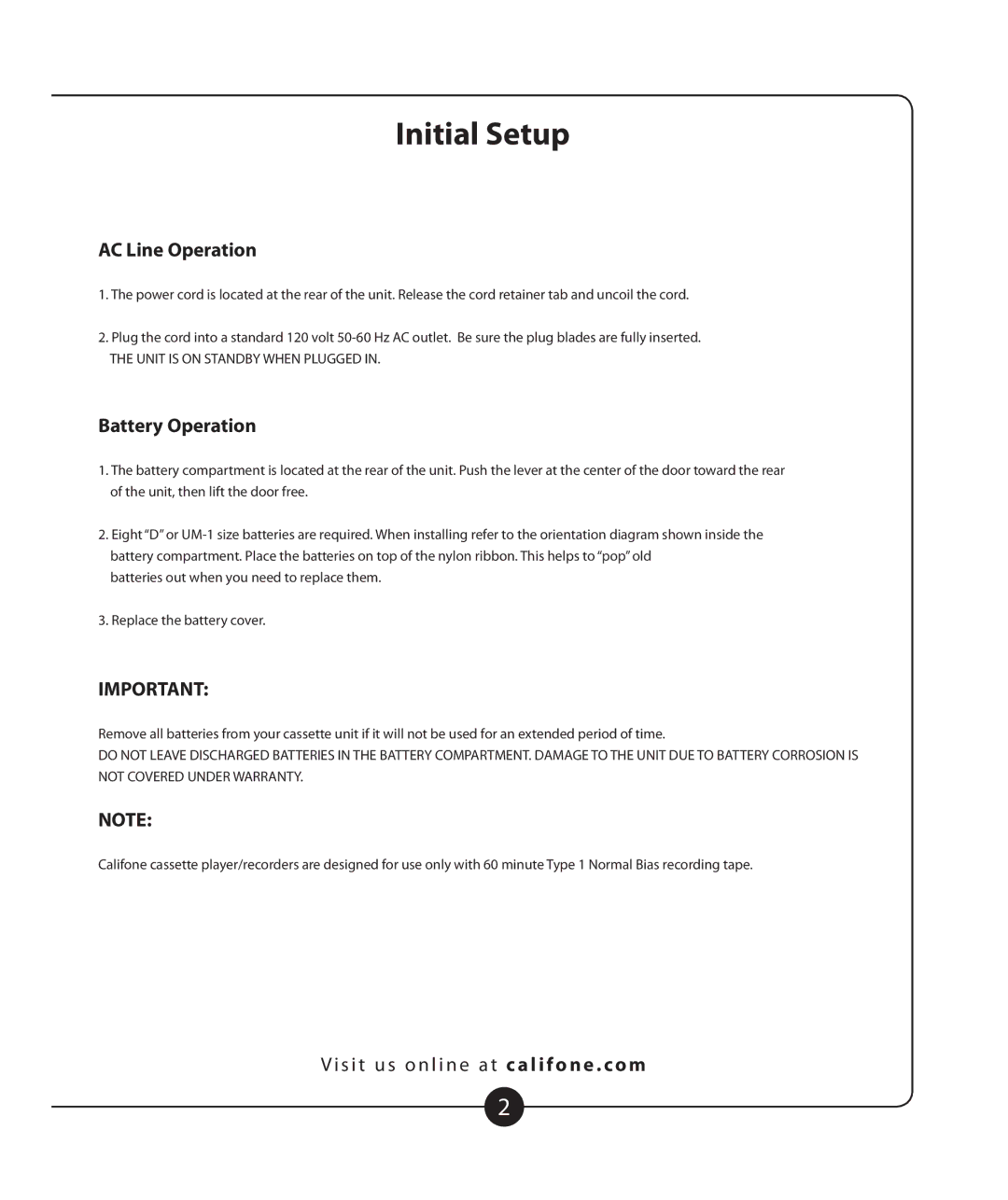 Califone 2385-03 owner manual Initial Setup, AC Line Operation, Battery Operation 