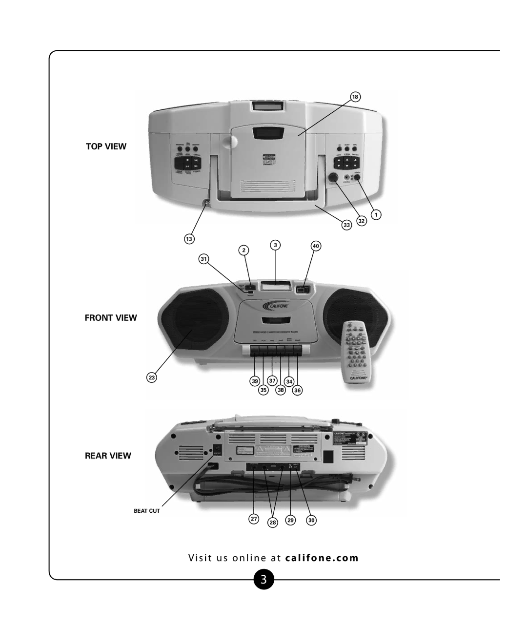 Califone 2385-03 owner manual TOP View Front View Rear View 