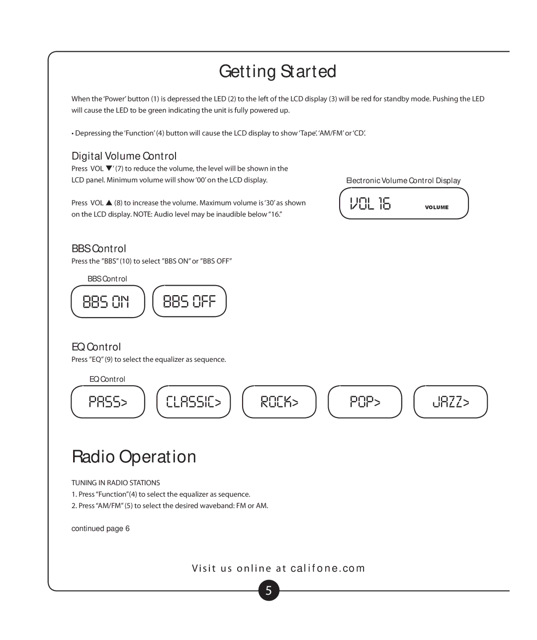 Califone 2385-03 owner manual Getting Started, Radio Operation, Digital Volume Control, BBS Control 