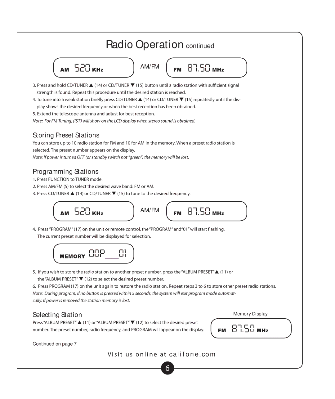 Califone 2385-03 owner manual Storing Preset Stations, Programming Stations, Selecting Station 