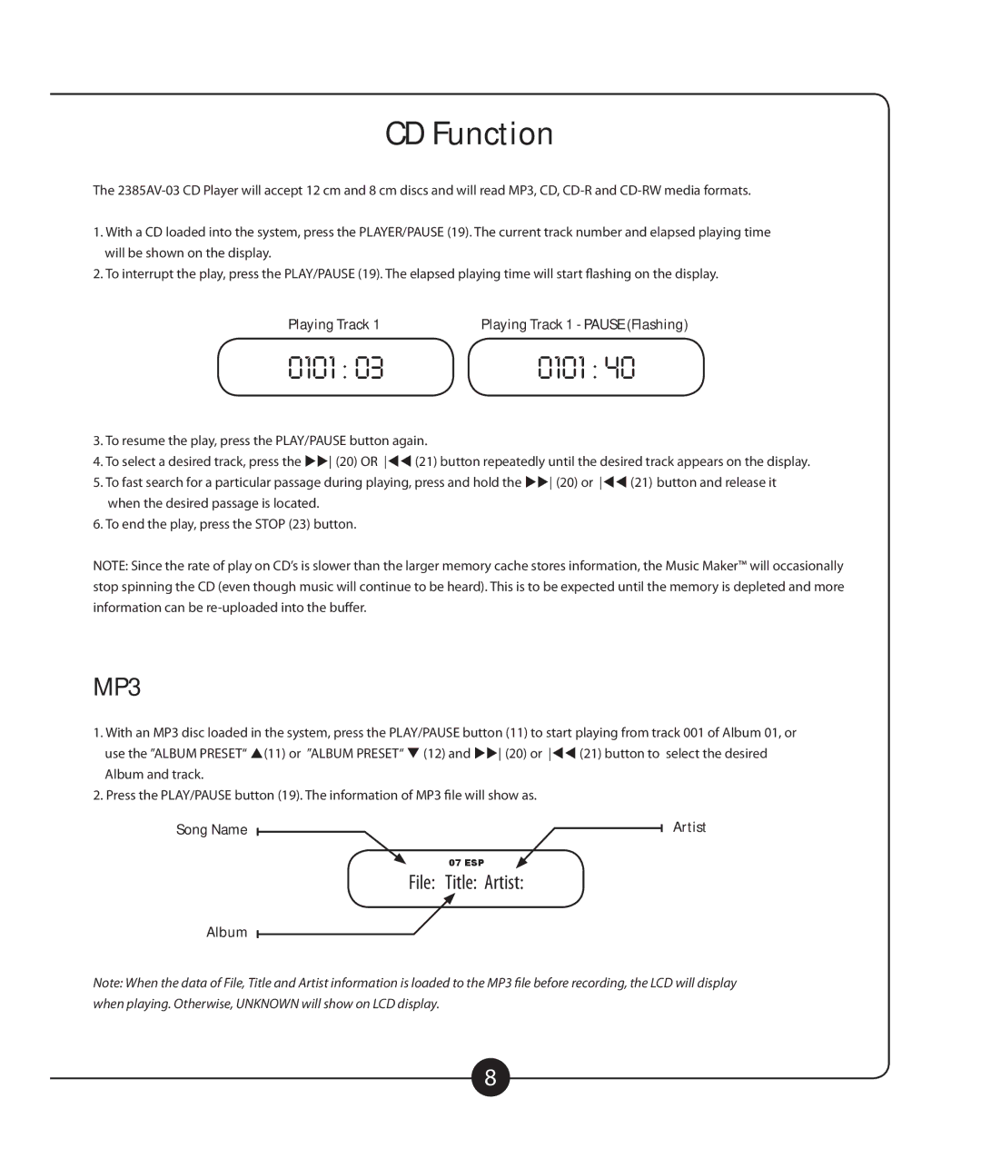 Califone 2385-03 owner manual CD Function, 0101 030101, Playing Track, Song Name Artist, Album 