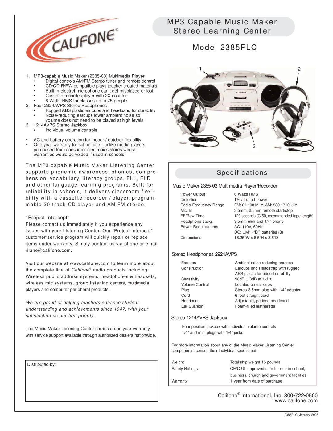 Califone 2385PLC specifications Specifications, Project Intercept, Music Maker 2385-03 Multimedia Player/Recorder 