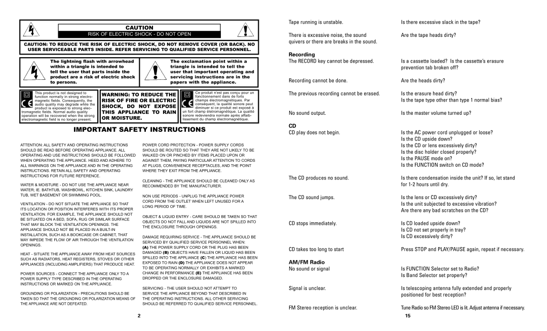 Califone 2395AV-02, 2385AV-02 owner manual Recording, AM/FM Radio 