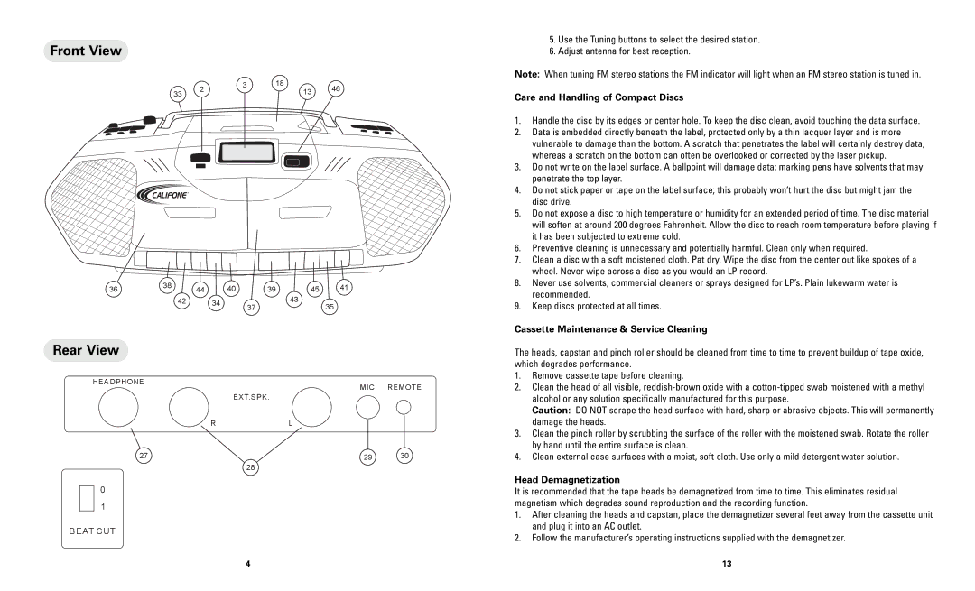 Califone 2395AV-02 Front View Rear View, Care and Handling of Compact Discs, Cassette Maintenance & Service Cleaning 
