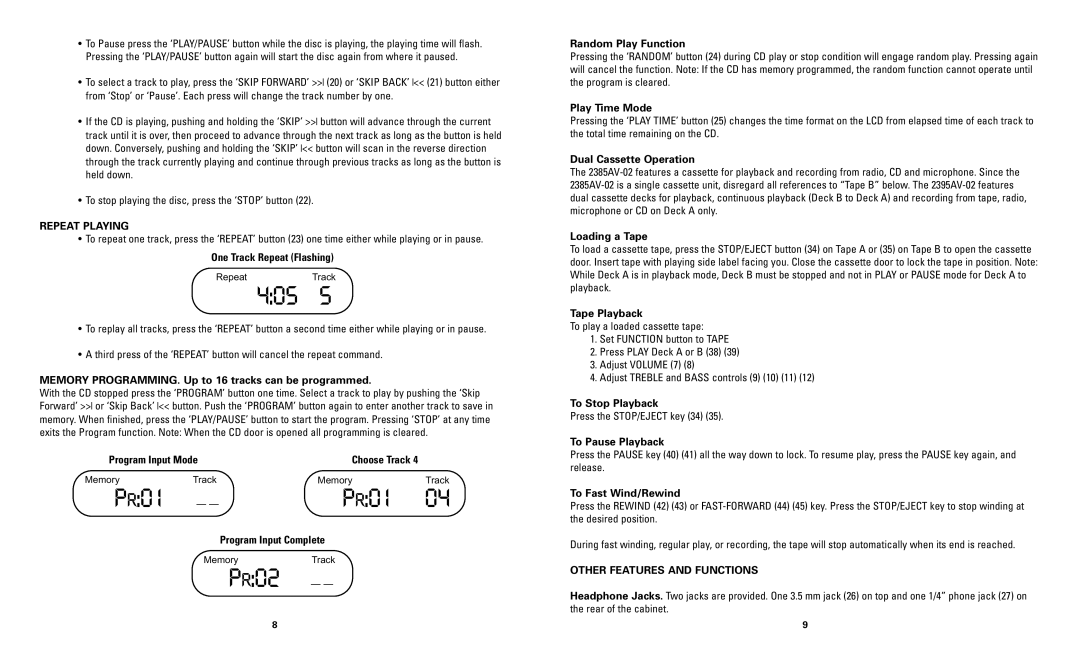 Califone 2395AV-02, 2385AV-02 owner manual 405, R01, PR02, Repeat Playing, Other Features and Functions 