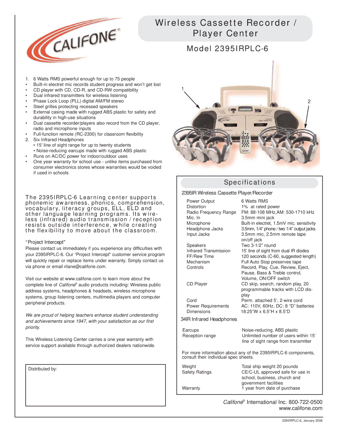 Califone specifications Wireless Cassette Recorder Player Center, Model 2395IRPLC-6, Specifications 