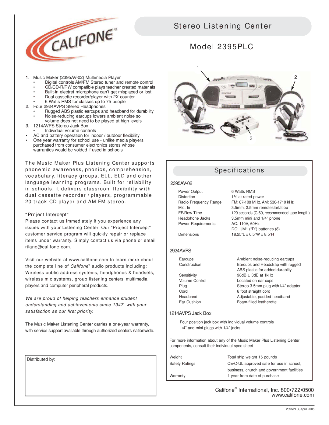 Califone specifications Stereo Listening Center Model 2395PLC, Specifications 