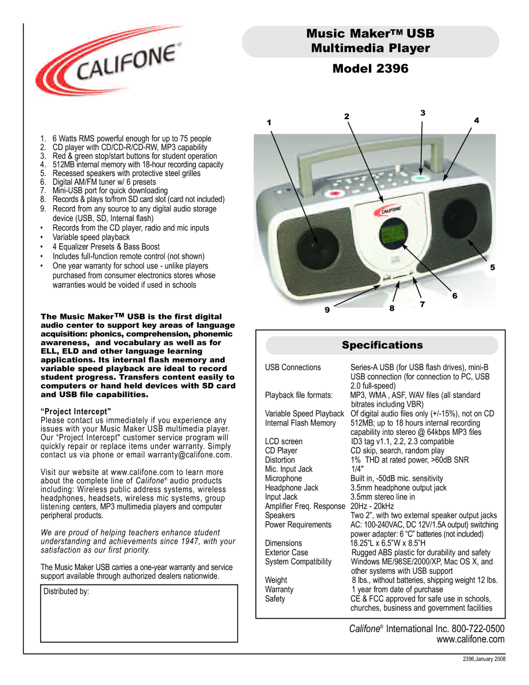 Califone 2396 specifications Music MakerTM USB Multimedia Player Model, Specifications, Project Interce pt 