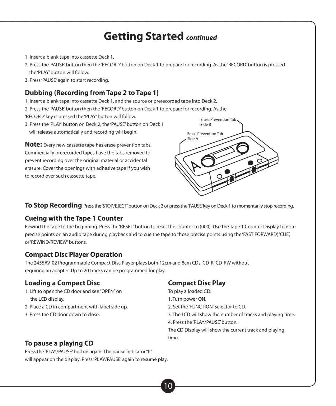 Califone 2455AV-02 Dubbing Recording from Tape 2 to Tape, Cueing with the Tape 1 Counter, Compact Disc Player Operation 