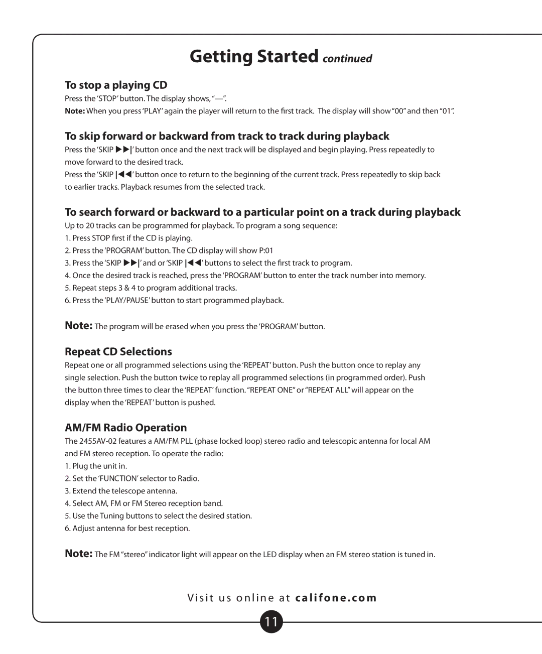 Califone 2455AV-02 owner manual To stop a playing CD, Repeat CD Selections, AM/FM Radio Operation 