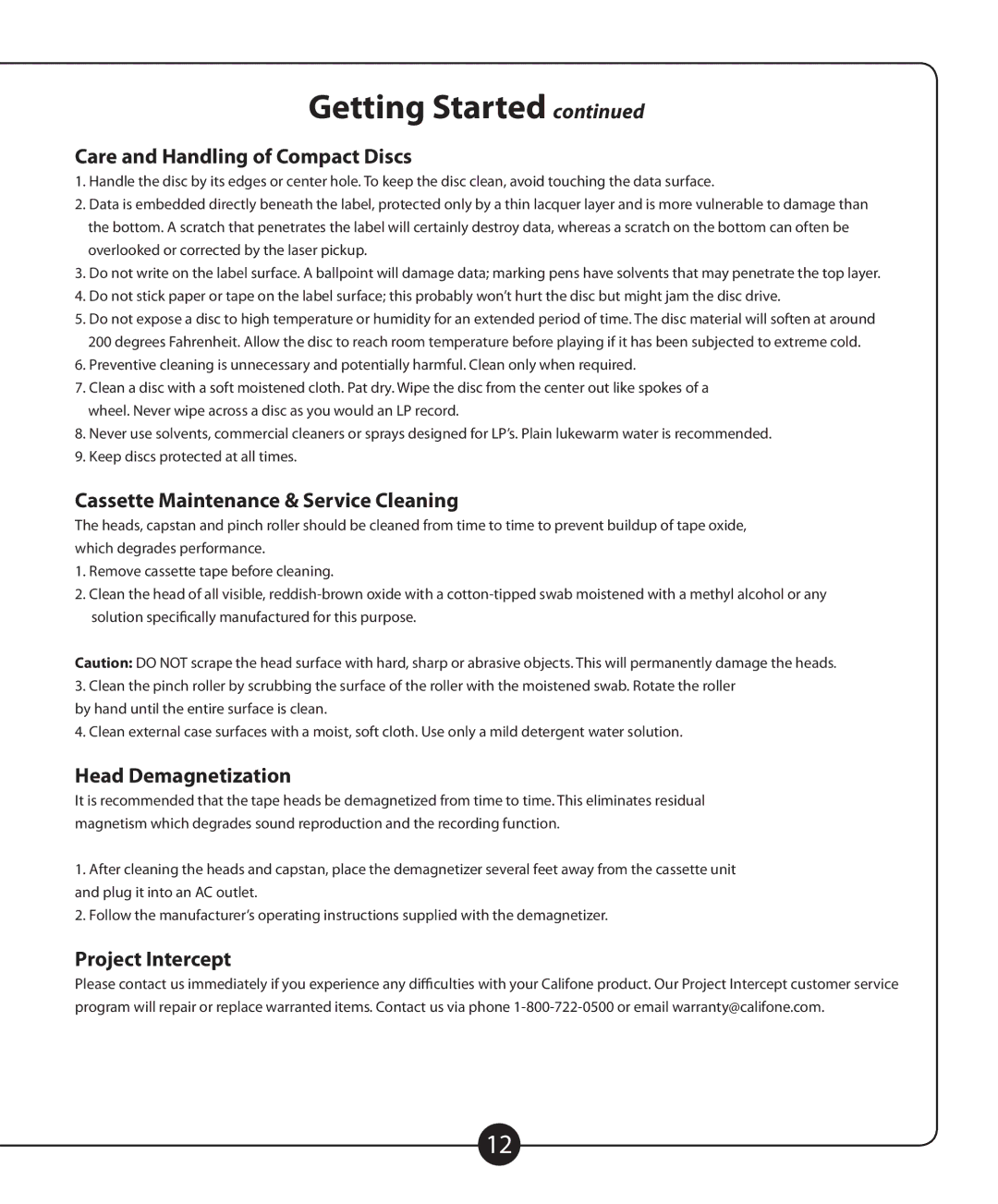 Califone 2455AV-02 Care and Handling of Compact Discs, Cassette Maintenance & Service Cleaning, Head Demagnetization 