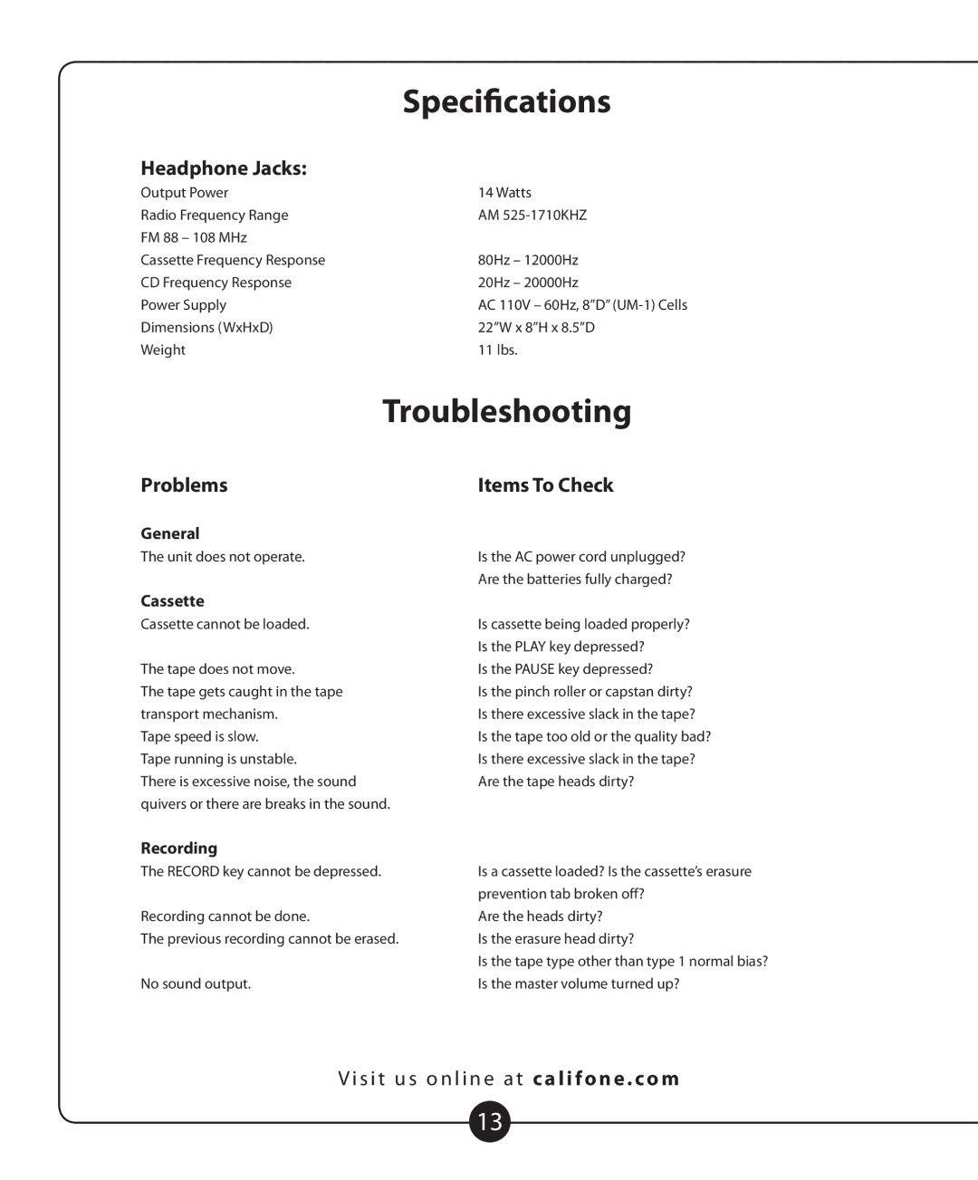 Califone 2455AV-02 owner manual Specifications, Troubleshooting, Problems, Items To Check 