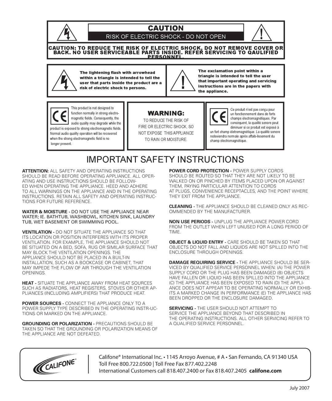 Califone 2455AV-02 owner manual Important Safety Instructions 