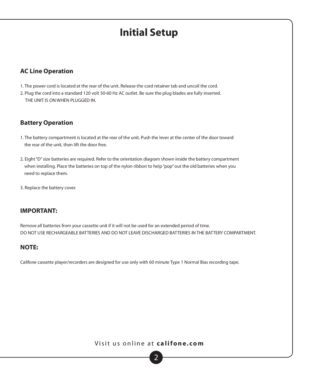 Califone 2455AV-02 owner manual Initial Setup, AC Line Operation, Battery Operation 