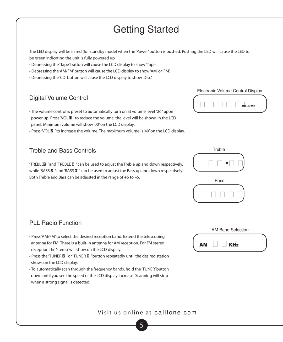 Califone 2455AV-02 owner manual Getting Started, Digital Volume Control, Treble and Bass Controls, PLL Radio Function 