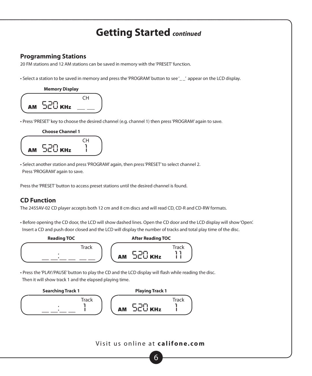 Califone 2455AV-02 owner manual Programming Stations, CD Function 