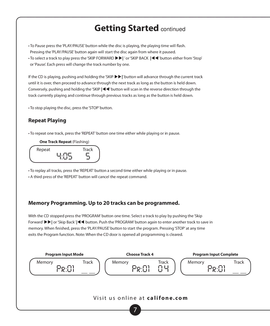 Califone 2455AV-02 owner manual Repeat Playing, Memory Programming. Up to 20 tracks can be programmed 