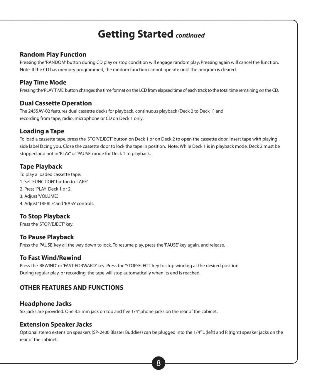 Califone 2455AV-02 Random Play Function, Play Time Mode, Dual Cassette Operation, Loading a Tape, Tape Playback 