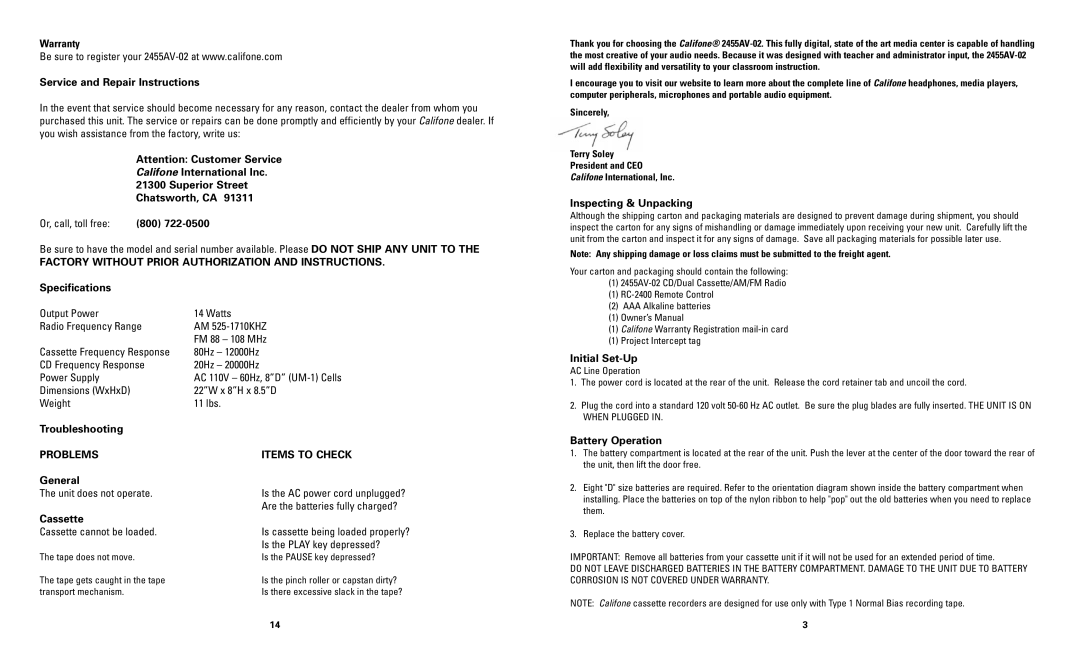 Califone 2455AV-02 owner manual Factory Without Prior Authorization and Instructions, Problems, Items to Check 