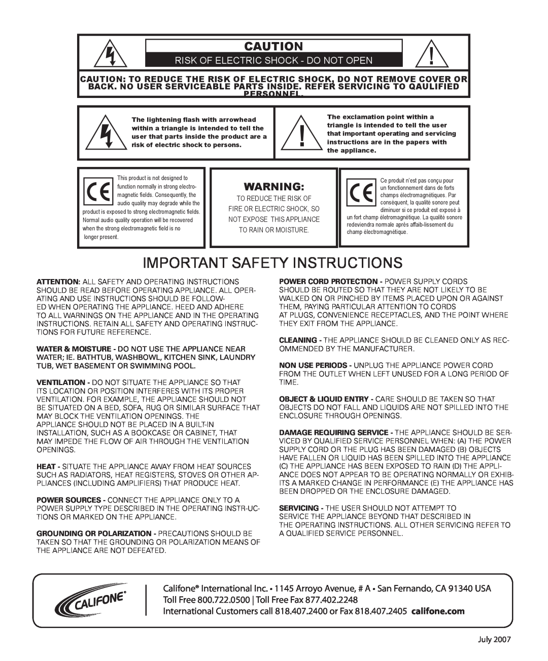 Califone 2455AV-02 owner manual Important Safety Instructions, Risk Of Electric Shock - Do Not Open 