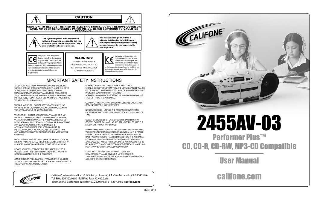 Califone 2455AV-03 important safety instructions 