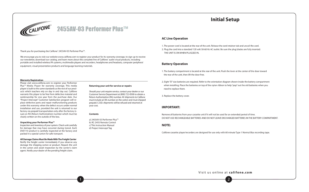 Califone 2455AV-03 important safety instructions Initial Setup, AC Line Operation, Battery Operation 