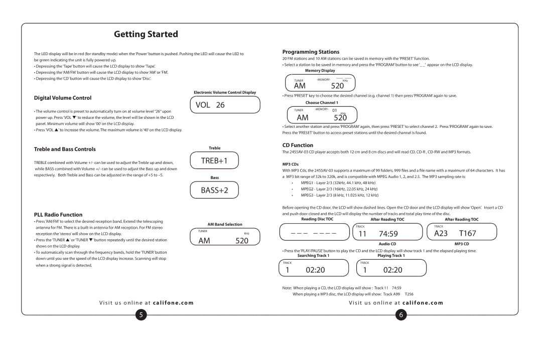 Califone 2455AV-03 important safety instructions Getting Started, Vol, 0220 