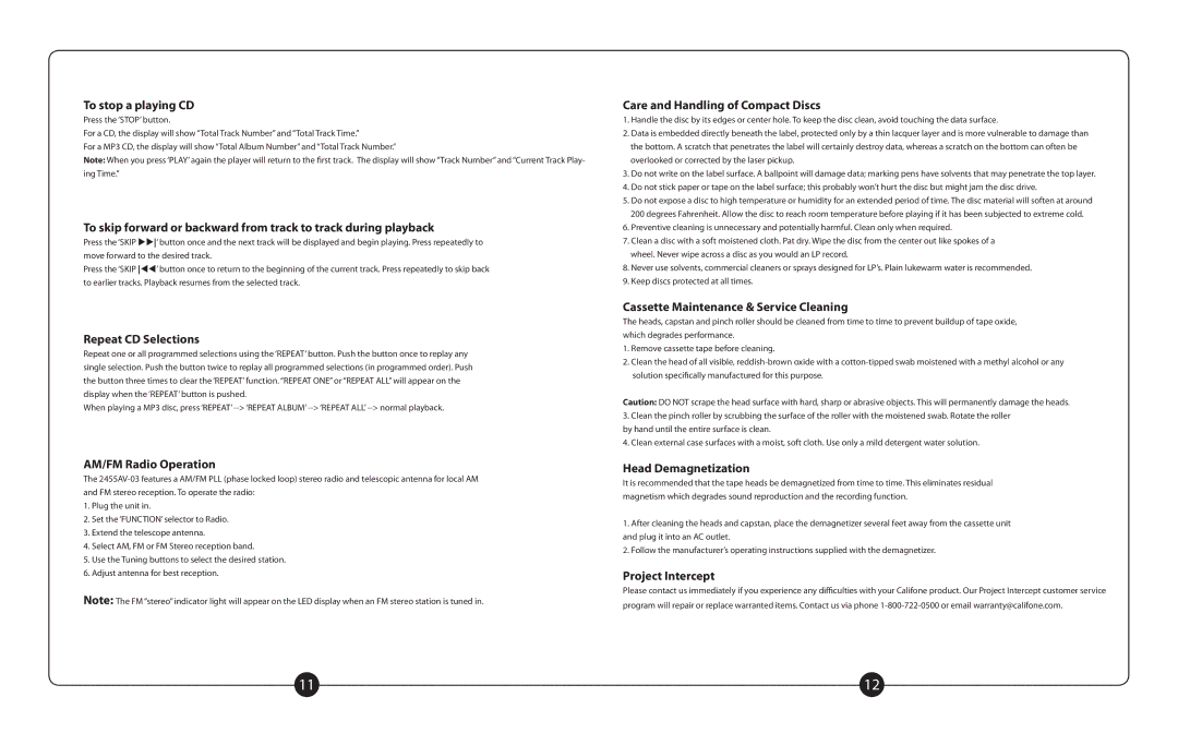 Califone 2455AV-03 To stop a playing CD, Repeat CD Selections, AM/FM Radio Operation, Care and Handling of Compact Discs 