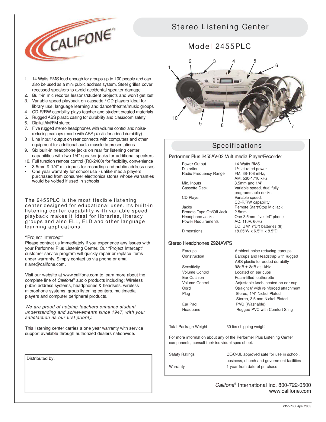 Califone specifications Stereo Listening Center Model 2455PLC, Specifications, Project Intercept 
