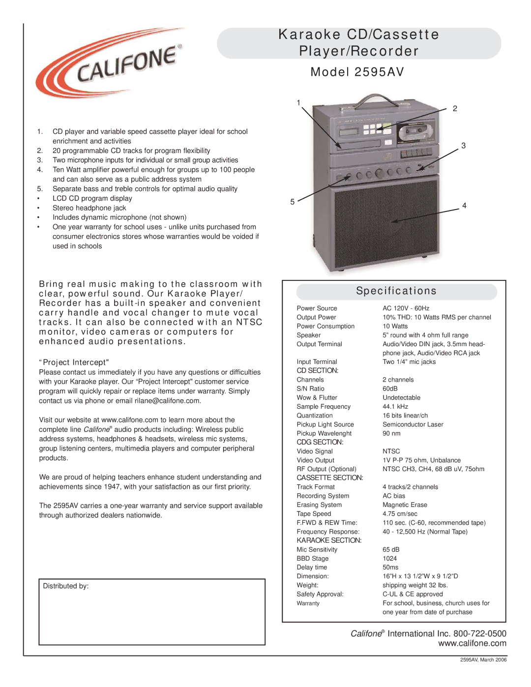 Califone specifications Karaoke CD/Cassette Player/Recorder, Model 2595AV, Specifications 