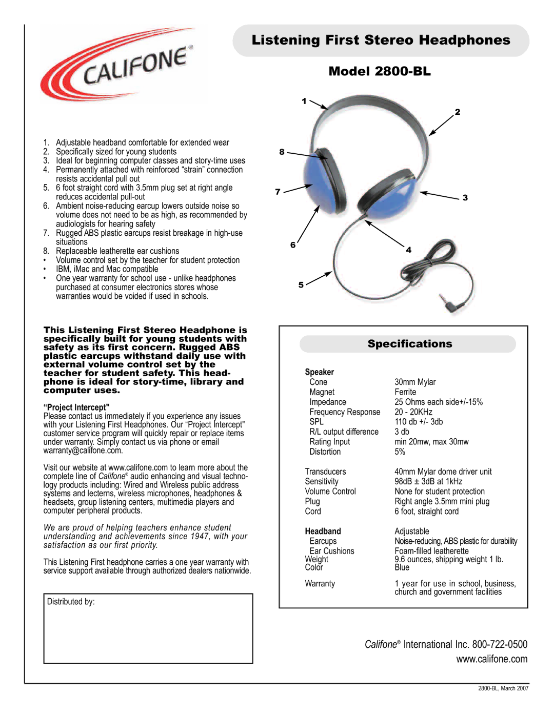 Califone specifications Listening First Stereo Headphones, Model 2800-BL, Specifications 