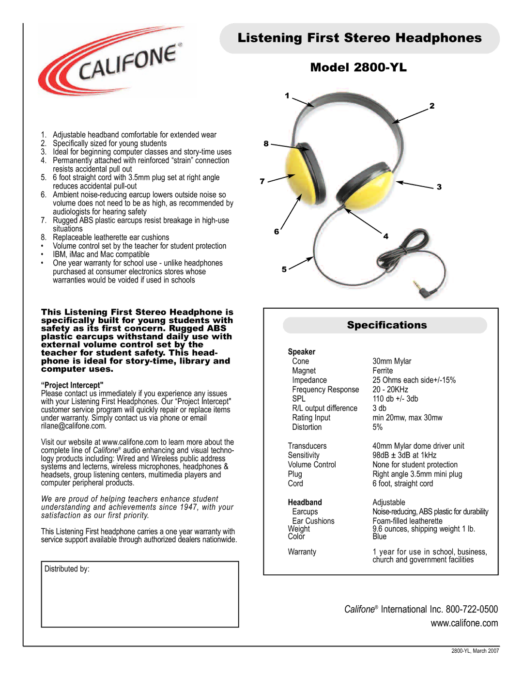 Califone specifications Listening First Stereo Headphones, Model 2800-YL, Specifications 