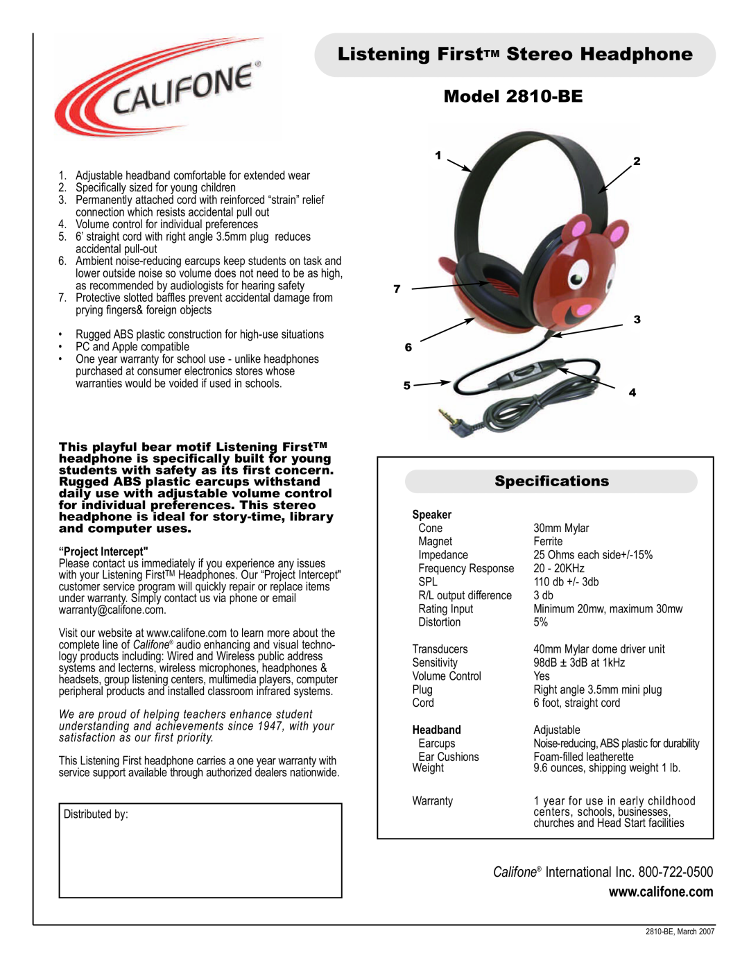 Califone specifications Listening FirstTM Stereo Headphone, Model 2810-BE, Specifications, Califone International Inc 