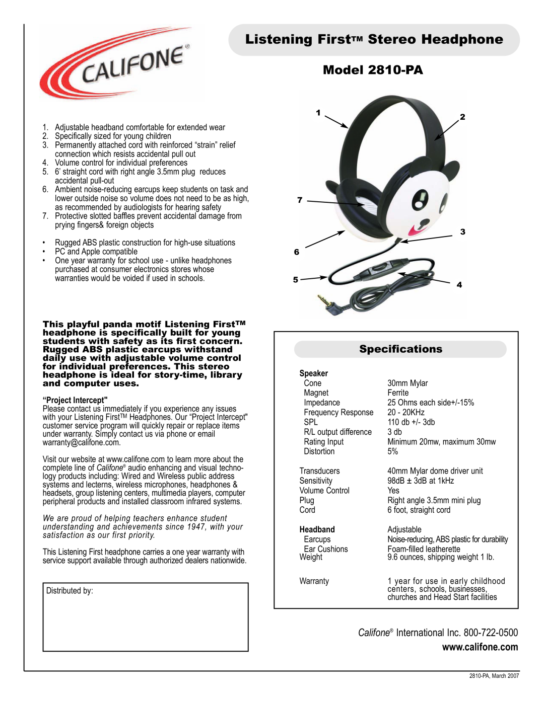 Califone specifications Listening FirstTM Stereo Headphone, Model 2810-PA, Specifications, Califone International Inc 