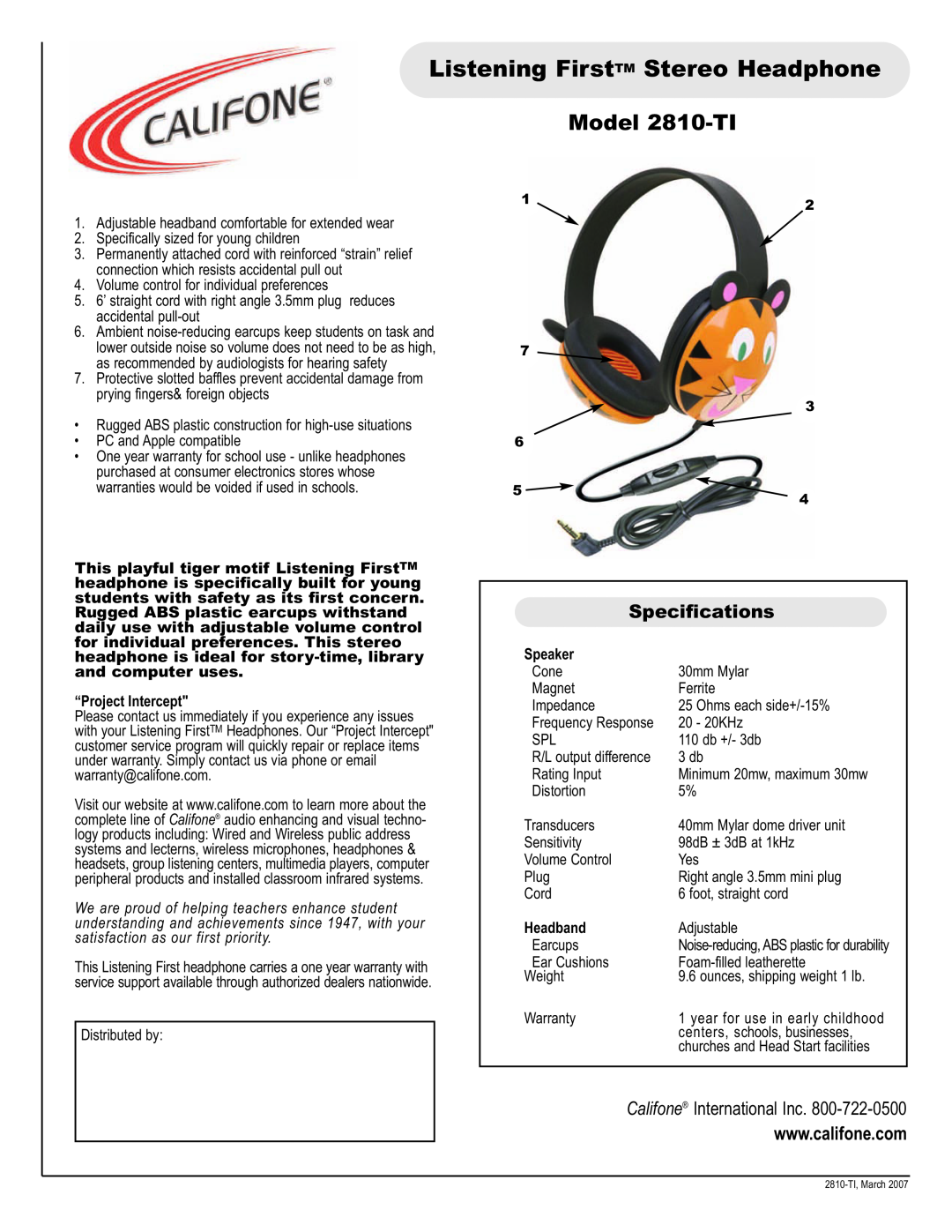 Califone specifications Listening FirstTM Stereo Headphone, Model 2810-TI, Specifications, Califone International Inc 