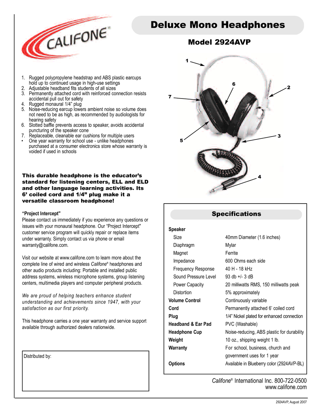 Califone specifications Deluxe Mono Headphones, Model 2924AVP, Specifications, Speaker 