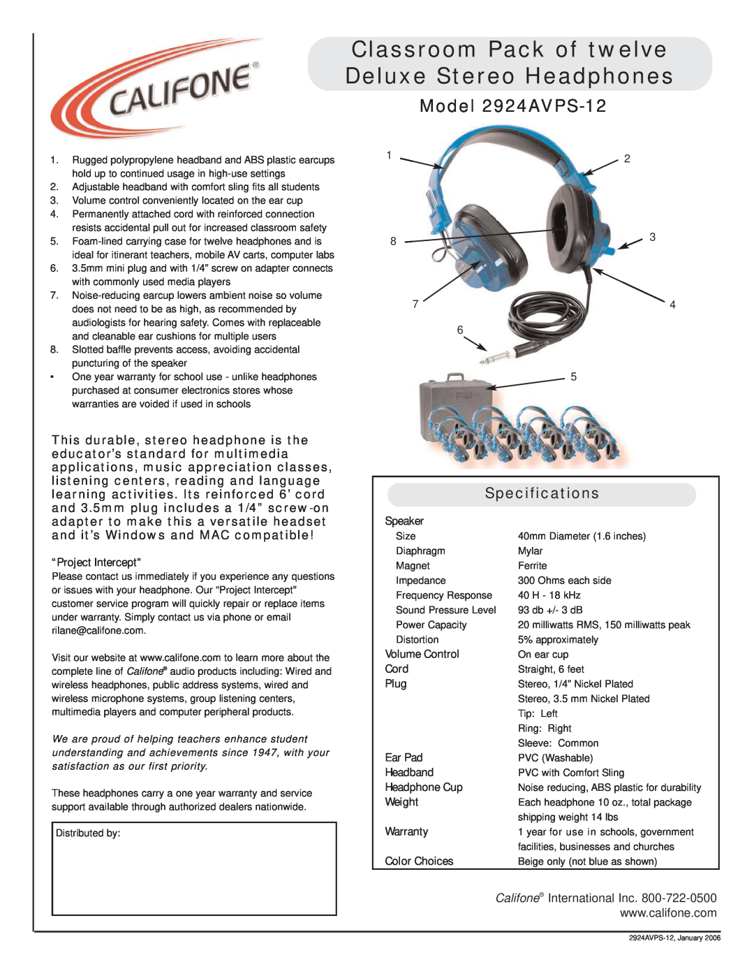 Califone specifications Classroom Pack of twelve Deluxe Stereo Headphones, Model 2924AVPS-12, Specifications 