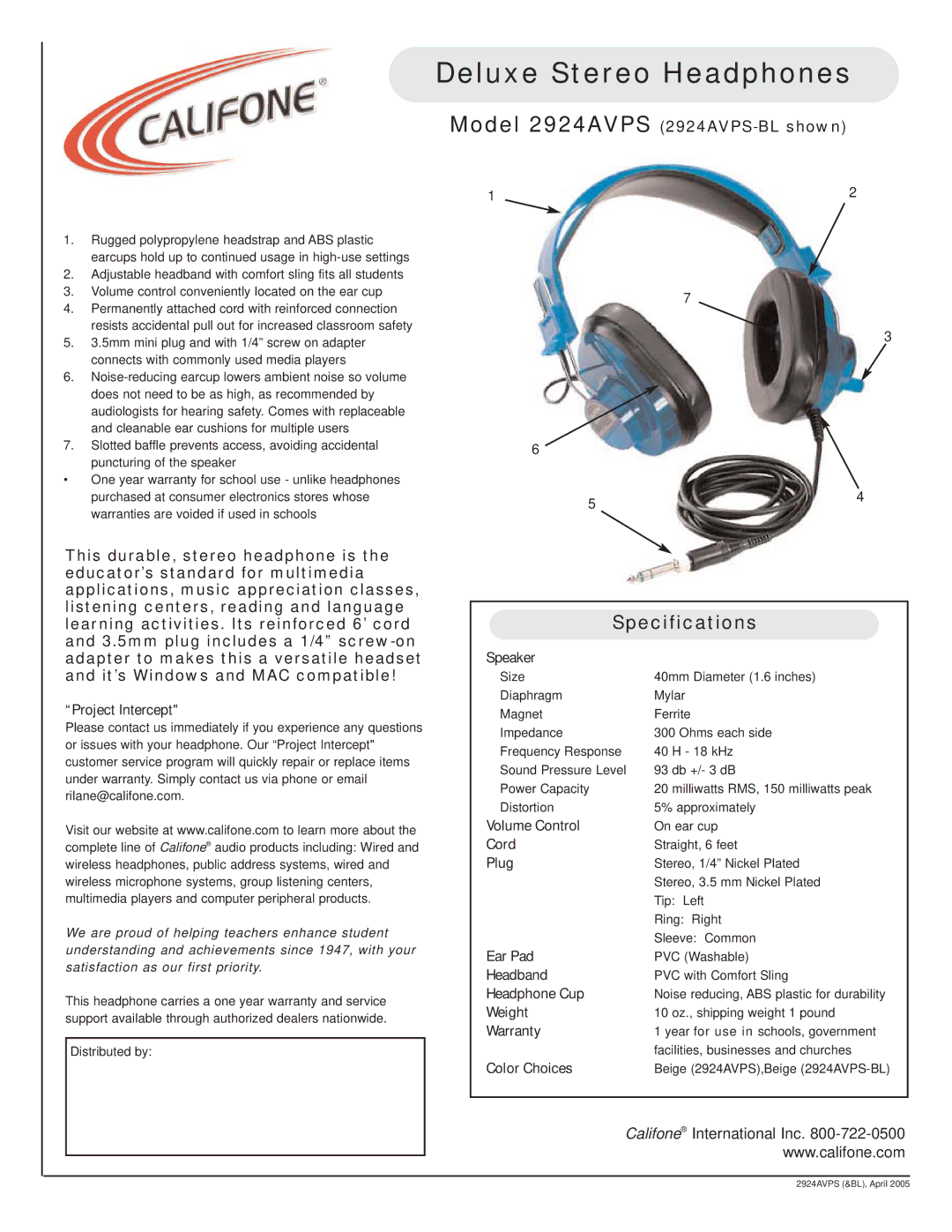 Califone 2924AVPS specifications Deluxe Stereo Headphones, Specifications 