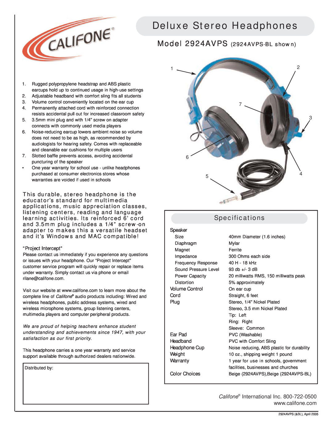 Califone 2924AVPS specifications Deluxe Stereo Headphones, Specifications 
