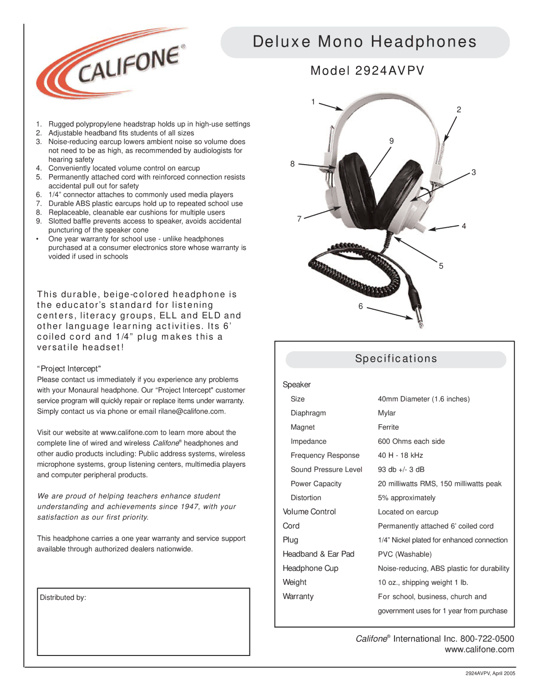 Califone specifications Deluxe Mono Headphones, Model 2924AVPV, Specifications 