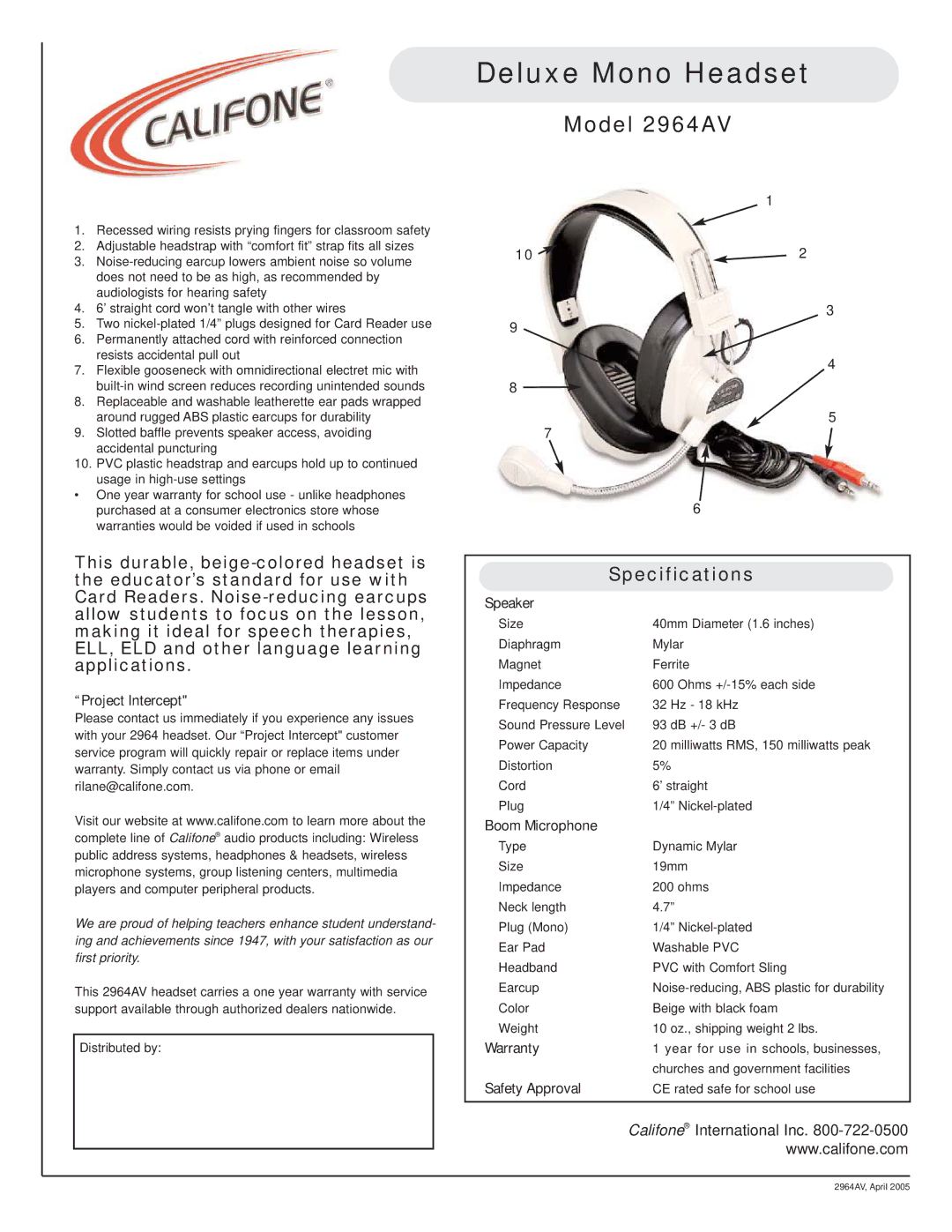 Califone specifications Deluxe Mono Headset, Model 2964AV, Specifications 