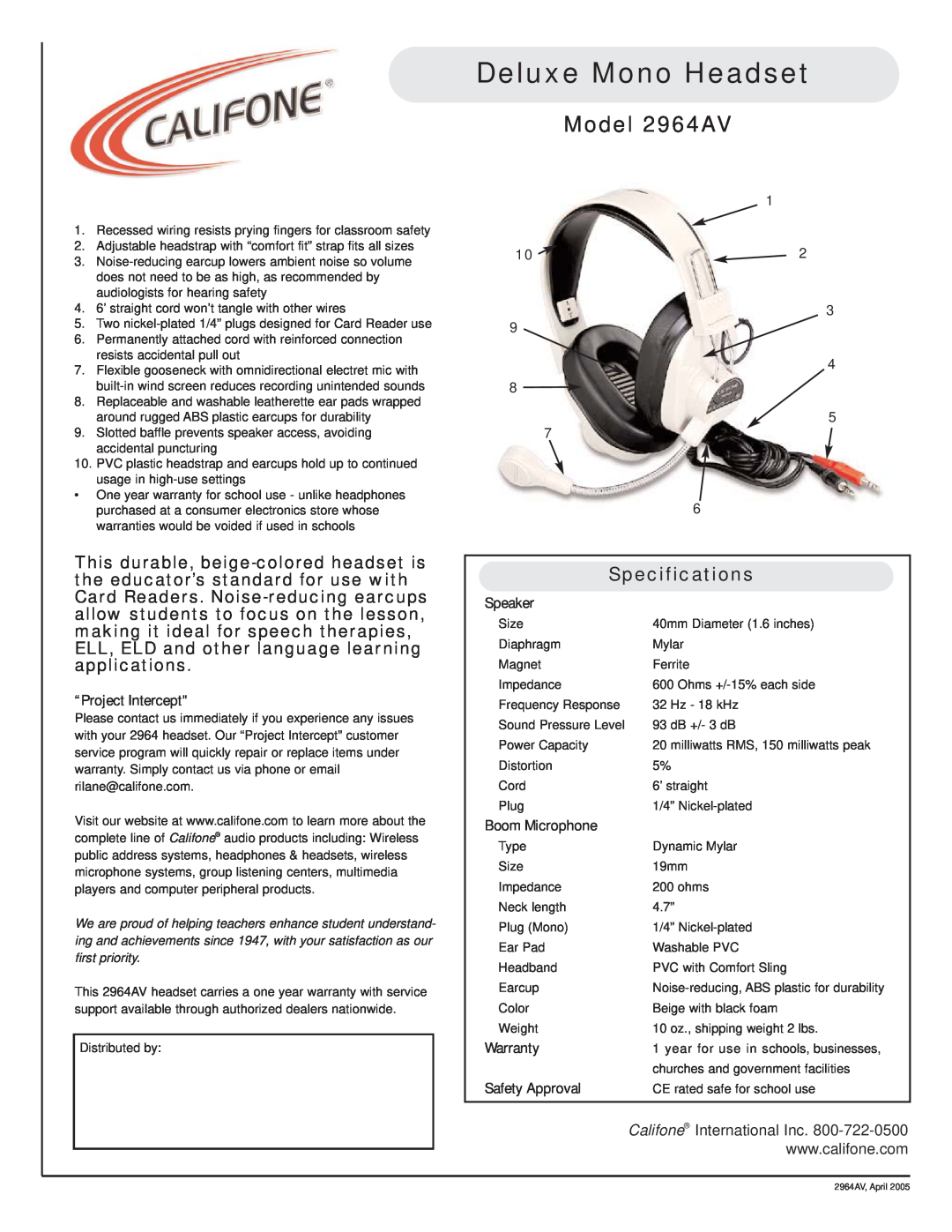 Califone specifications Deluxe Mono Headset, Model 2964AV, Specifications, “Project Intercept, Speaker, Boom Microphone 