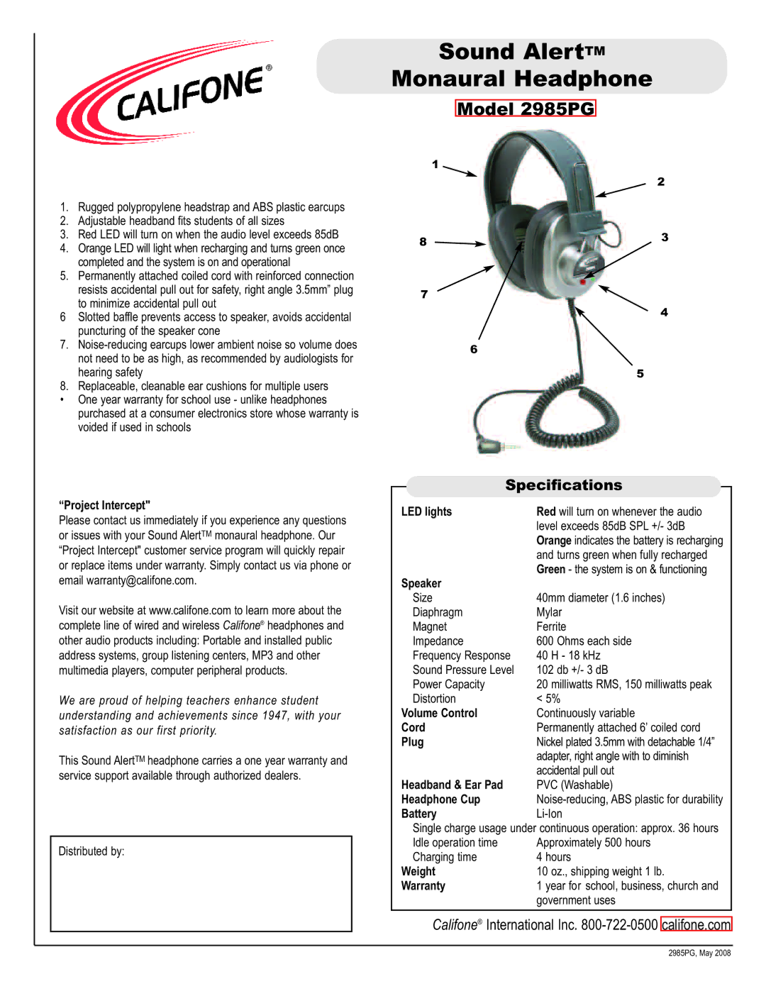 Califone 2985PG manual Specifications 