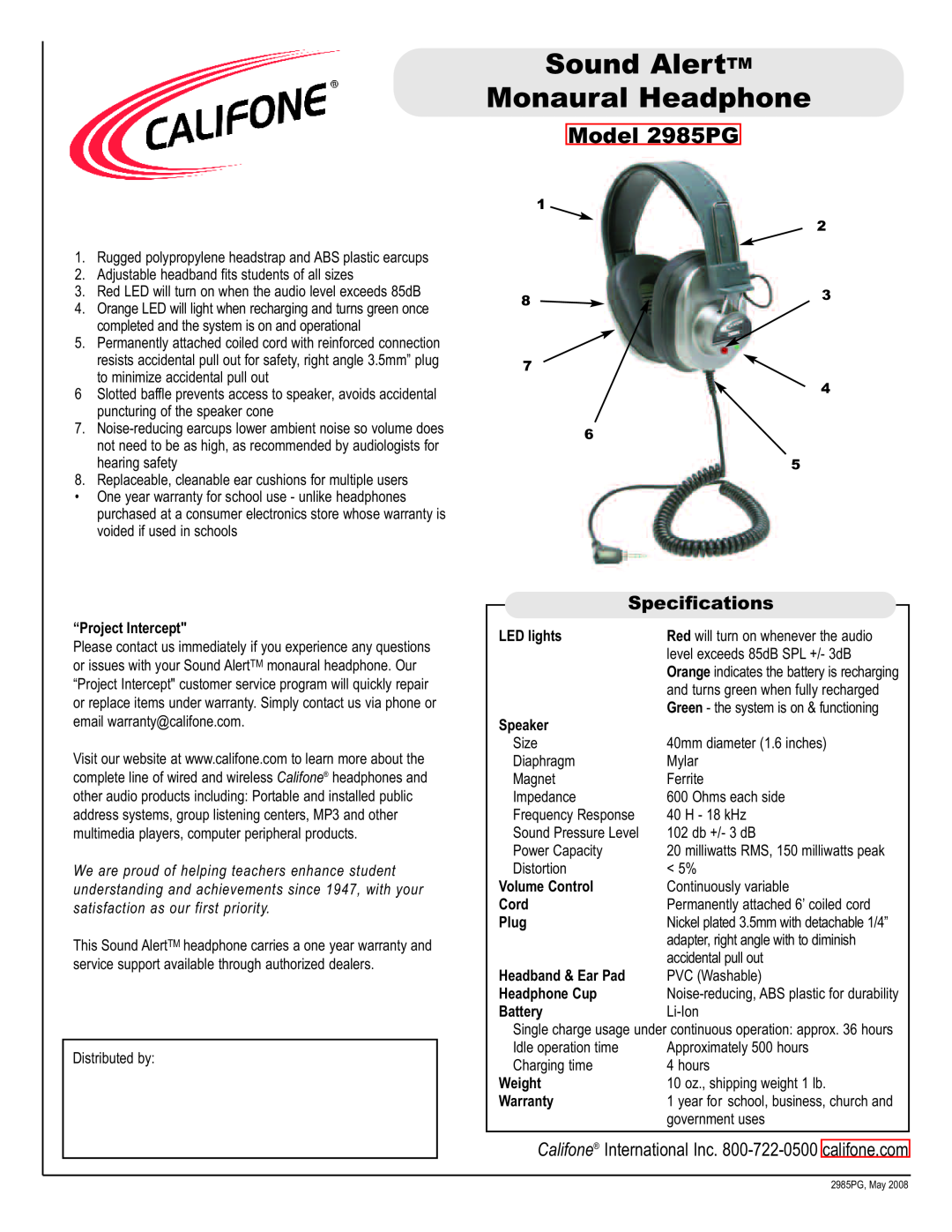 Califone manual Sound AlertTM Monaural Headphone, Model 2985PG, Specifications 