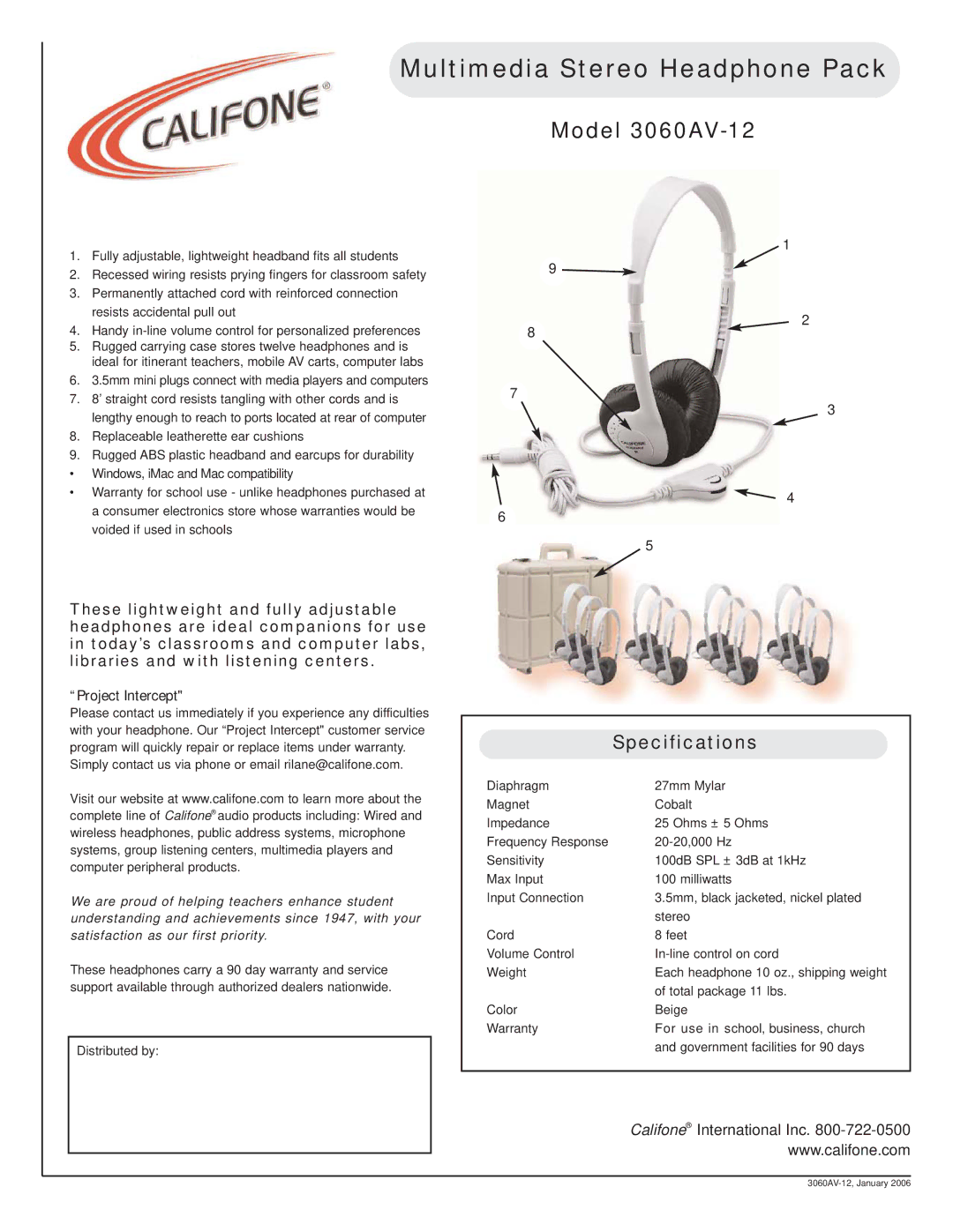 Califone specifications Multimedia Stereo Headphone Pack, Model 3060AV-12, Specifications 