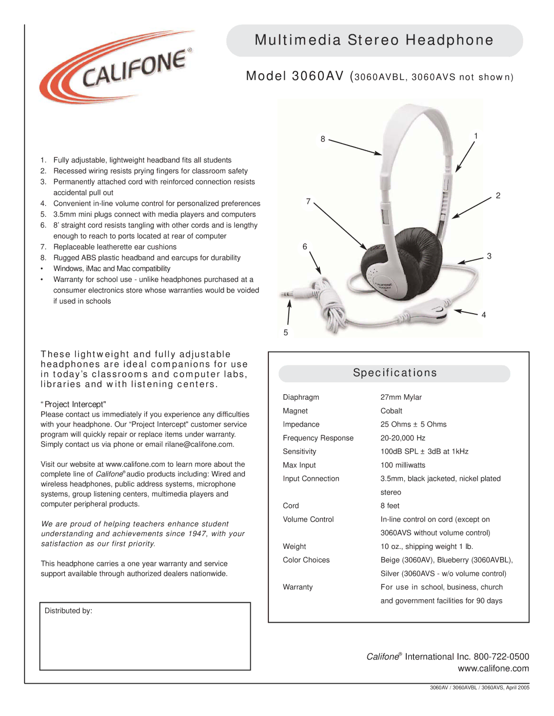 Califone specifications Multimedia Stereo Headphone, Specifications, Model 3060AV 3060AVBL, 3060AVS not shown 