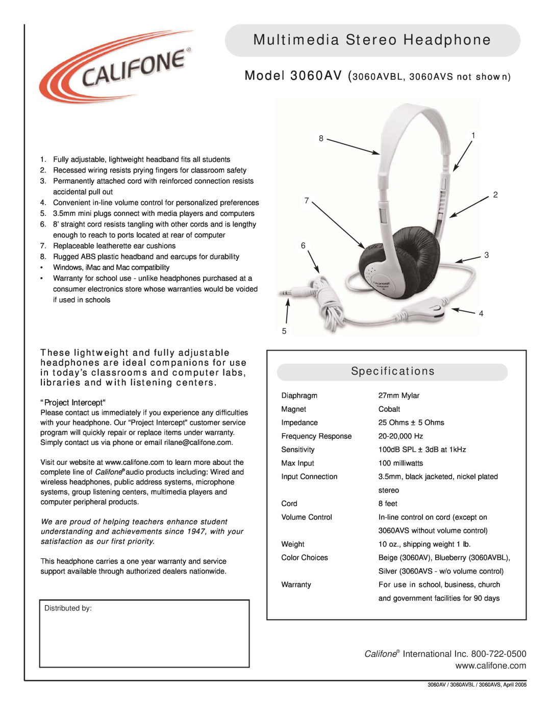 Califone 3060AV specifications Multimedia Stereo Headphone, Specifications, Califone International Inc, “Project Intercept 